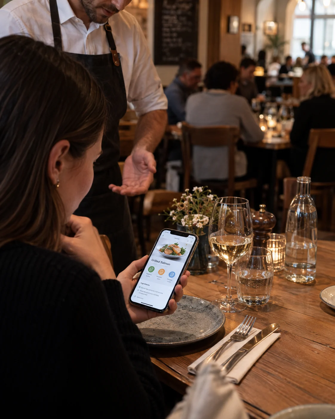 Clienta consultando la ficha de un plato en el móvil mientras conversa con el camarero