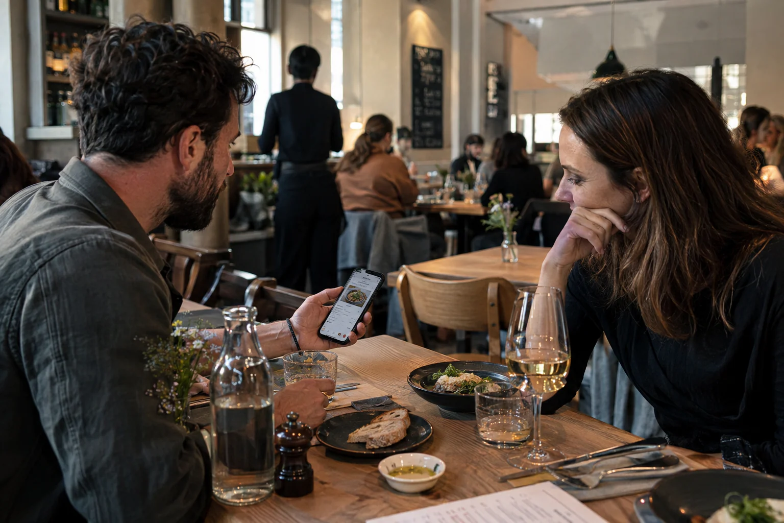 Comensal mostrando en el móvil información de un plato a su acompañante en el restaurante