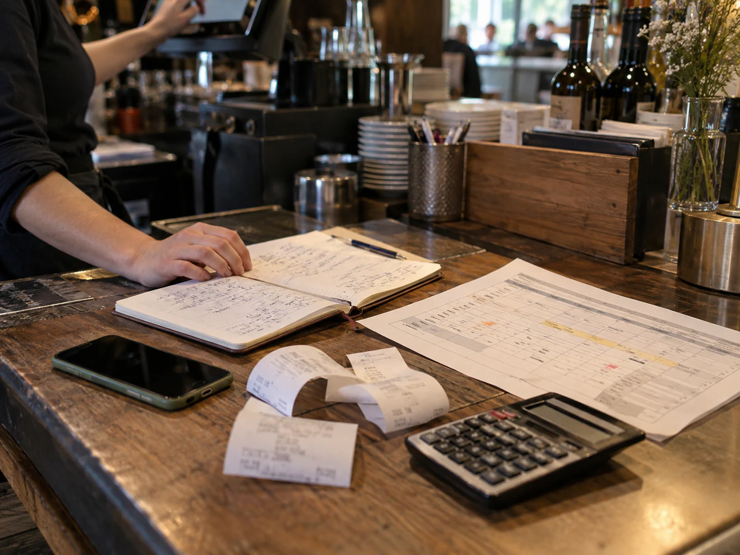 Cuaderno, registros en papel, tickets y calculadora sobre la barra del restaurante