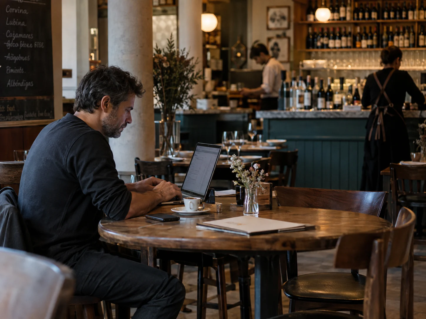 Hombre trabajando con un portátil en una mesa junto a la barra del restaurante